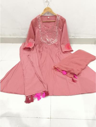 Peach Cotton Hand Work Embroidered Salwar Suit (Set of 3) - BONYHUBSALWAR KAMEEZ