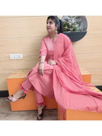 Peach Cotton Hand Work Embroidered Salwar Suit (Set of 3) - BONYHUBSALWAR KAMEEZ