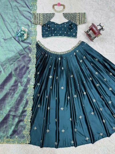 Peacock Blue Luxe Allure Satin Lehenga Choli Set - BONYHUBSALWAR KAMEEZ