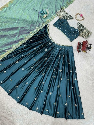 Peacock Blue Luxe Allure Satin Lehenga Choli Set - BONYHUBSALWAR KAMEEZ