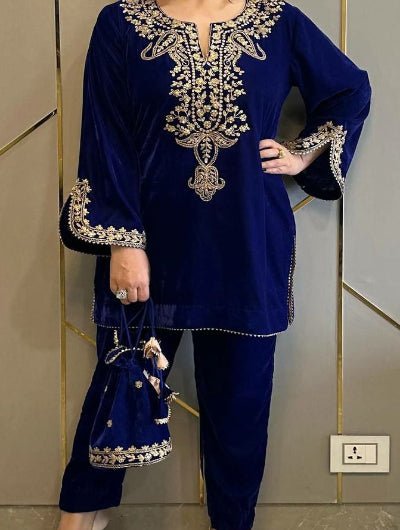 Velvet Heavy Embroidered Sleeves Kurti Pant Set - BONYHUBSALWAR KAMEEZ