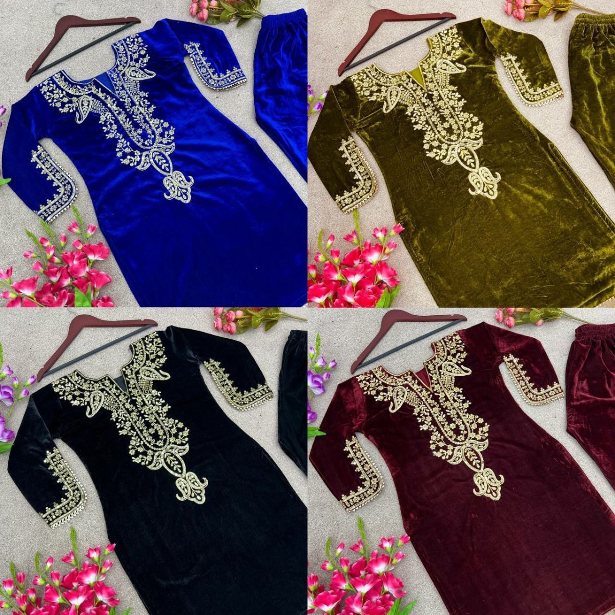 Velvet Heavy Embroidered Sleeves Kurti Pant Set - BONYHUBSALWAR KAMEEZ