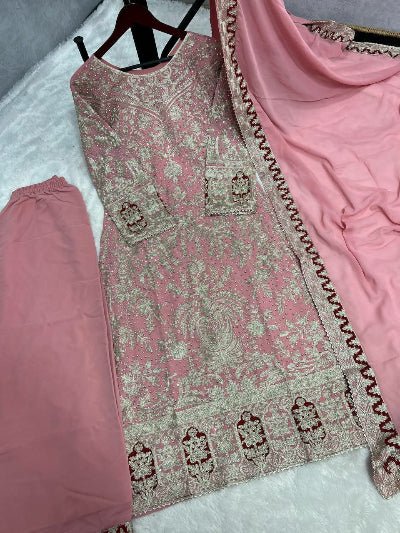 Light Pink Georgette Handwork Palazzo Suit Set UK Next DAY - BONYHUBSALWAR KAMEEZ