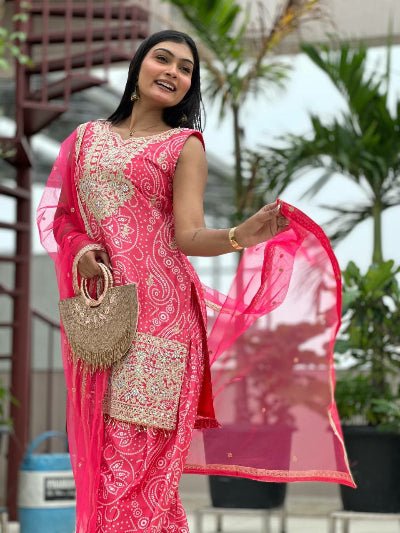Pink Chinon Bandhani Gold Embroidery Punjabi Salwar Suit Set - BONYHUBSALWAR KAMEEZ