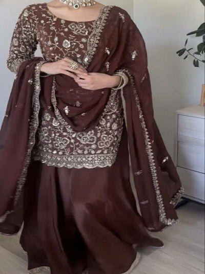 Brown Georgette Embroidery Full Sleeves Sharara Suit - BONYHUBSALWAR KAMEEZ