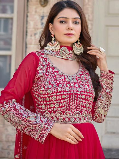 Red Georgette Embroidery Sequence Work Anarkali Suit - BONYHUBSALWAR KAMEEZ