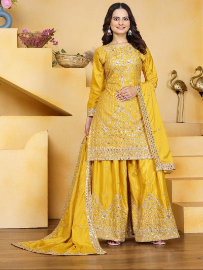 Yellow Chinon Silk Festive Embroidery Sharara Suit - BONYHUBSALWAR KAMEEZ