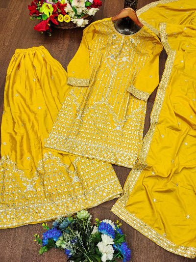 Yellow Chinon Silk Festive Embroidery Sharara Suit - BONYHUBSALWAR KAMEEZ