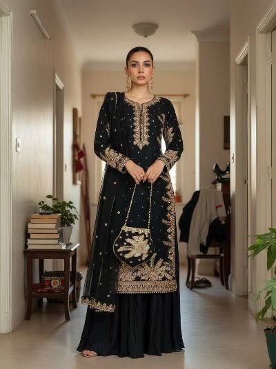 Black Georgette Gold Embroidery Pearl work Palazzo Sharara Suit - BONYHUBSALWAR KAMEEZ