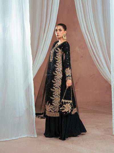 Black Georgette Gold Embroidery Pearl work Palazzo Sharara Suit - BONYHUBSALWAR KAMEEZ