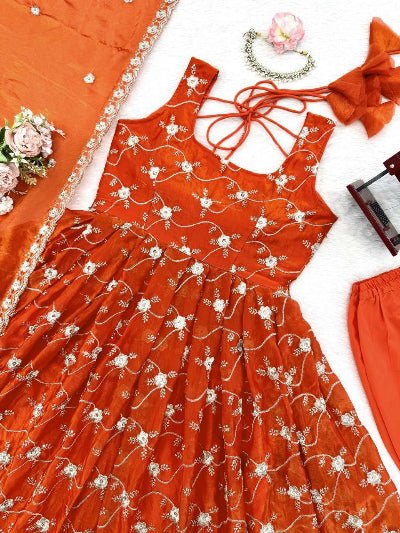 Orange Embroidery Sequence Work Anarkali Suit - BONYHUBSALWAR KAMEEZ