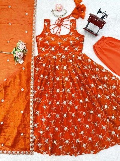 Orange Embroidery Sequence Work Anarkali Suit - BONYHUBSALWAR KAMEEZ