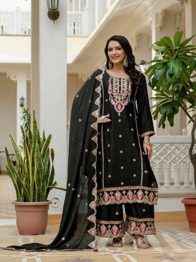 Elegant Black Chinon Silk Embroidery Palazzo Suit Set - BONYHUBSALWAR KAMEEZ