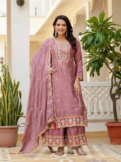 Mauve Pink Chinon Silk Embroidery Palazzo Suit Set - BONYHUBSALWAR KAMEEZ