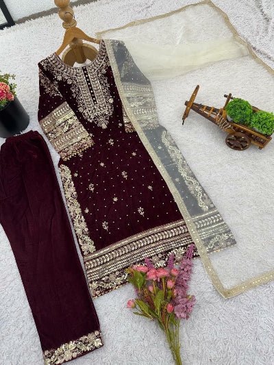 Deep Maroon Velvet Embroidery Straight Suit with Tissue Silk Dupatta - BONYHUBSALWAR KAMEEZ