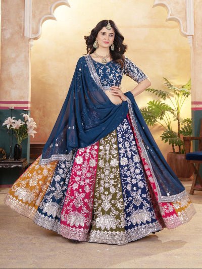 Teal Blue Multicoloured Embroidery Work Lehenga Choli Set - BONYHUBSALWAR KAMEEZ