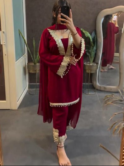 Maroon Georgette Lace Work Full Sleeves Suit - BONYHUBSALWAR KAMEEZ