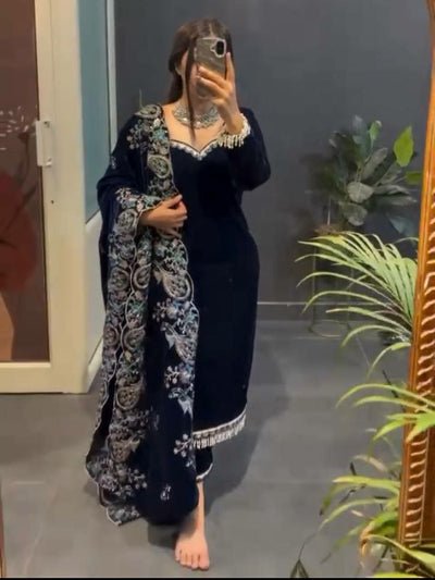 Navy Blue Velvet Elegant Thread Work Straight Suit - BONYHUBSALWAR KAMEEZ