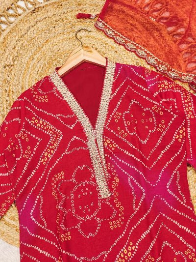 Red Bandhani Embroidery Zari Work Straight Suit Set - BONYHUBSALWAR KAMEEZ