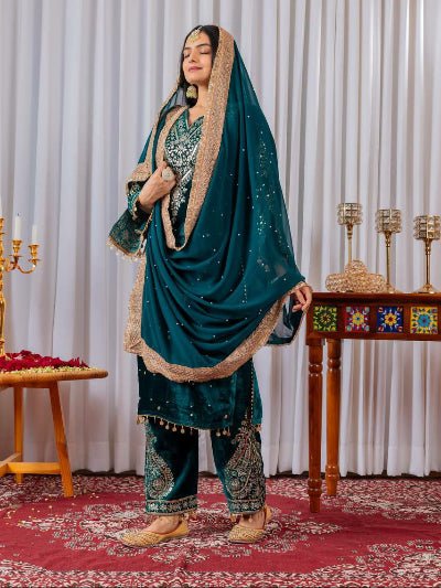 Turquoise Blue Velvet Embroidery Moti Work Bell Sleeves Suit - BONYHUBSALWAR KAMEEZ
