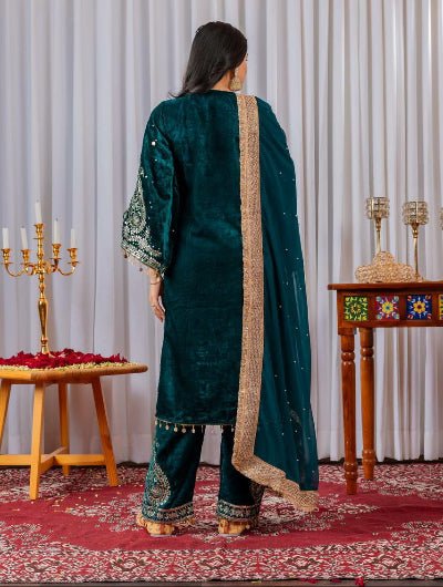 Turquoise Blue Velvet Embroidery Moti Work Bell Sleeves Suit - BONYHUBSALWAR KAMEEZ