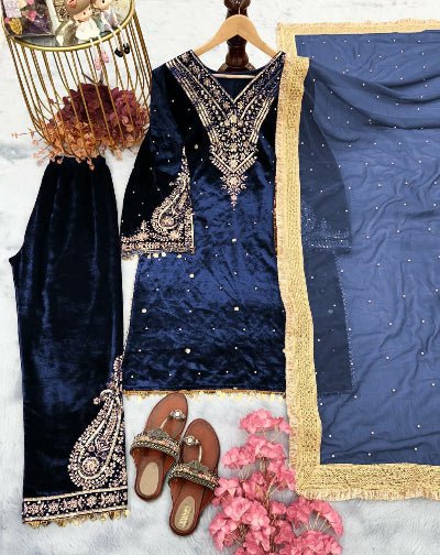 Navy Blue Velvet Embroidery Moti Work Bell Sleeves Suit - BONYHUBSALWAR KAMEEZ