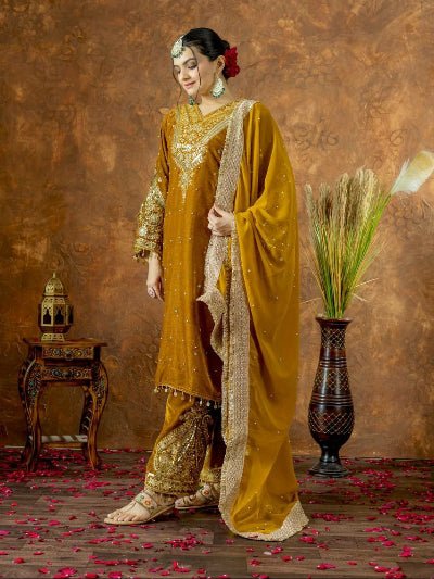 Honey Mustard Velvet Embroidery Moti Work Bell Sleeves Suit - BONYHUBSALWAR KAMEEZ