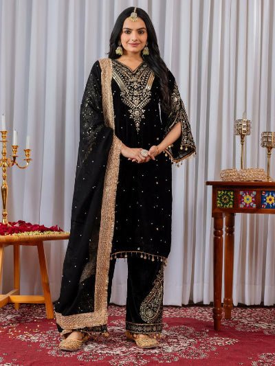 Black Velvet Rich Embroidery Moti Work Bell Sleeves Suit Set - BONYHUBSALWAR KAMEEZ