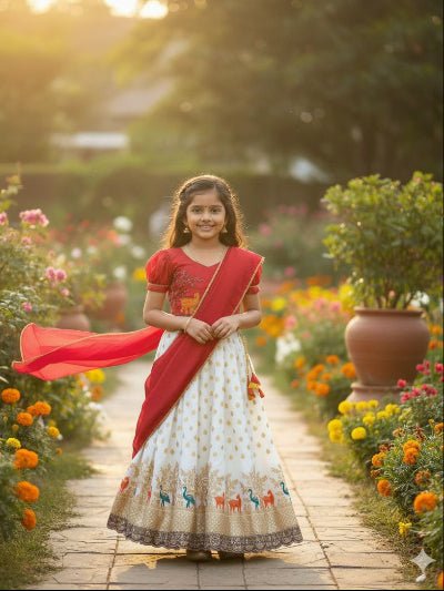 White & Red Kids Tissue Silk Thread Work Lehenga Choli Set - BONYHUBLehangas