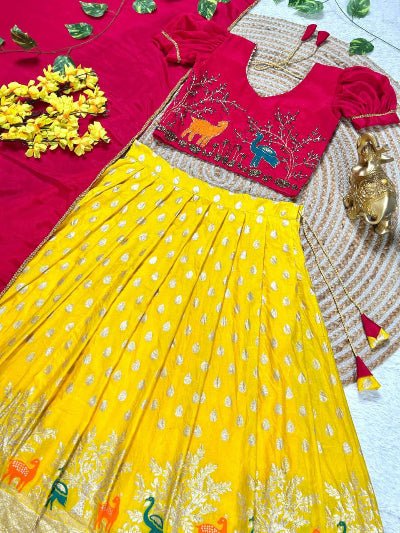 Yellow & Red Kids Tissue Silk Thread Work Lehenga Choli Set - BONYHUBLehangas