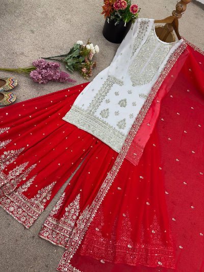 White & Red Premium Embroidery Work Georgette Sharara Set - BONYHUBSALWAR KAMEEZ