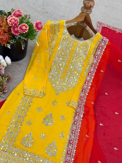 Yellow & Red Premium Embroidery Work Georgette Sharara Set - BONYHUBSALWAR KAMEEZ