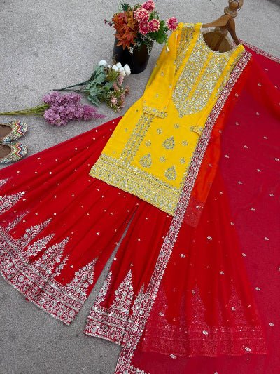 Yellow & Red Premium Embroidery Work Georgette Sharara Set - BONYHUBSALWAR KAMEEZ
