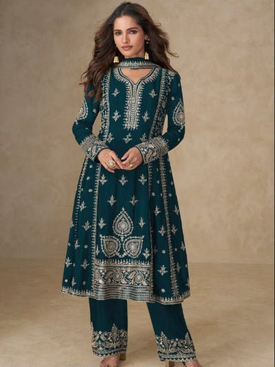 Teal Royal Chinon Embellished Embroidery Work Suit - BONYHUBSALWAR KAMEEZ