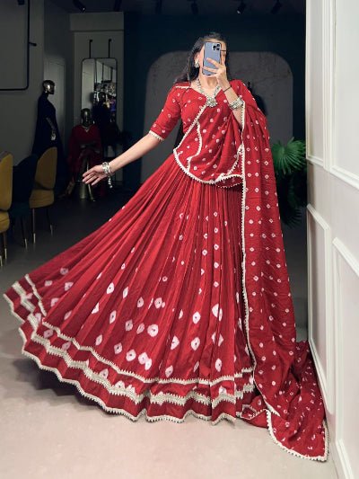 Red Pure Chanderi Bandhej Print Lehenga Choli - BONYHUBSALWAR KAMEEZ