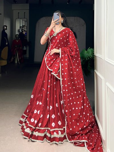 Red Pure Chanderi Bandhej Print Lehenga Choli - BONYHUBSALWAR KAMEEZ