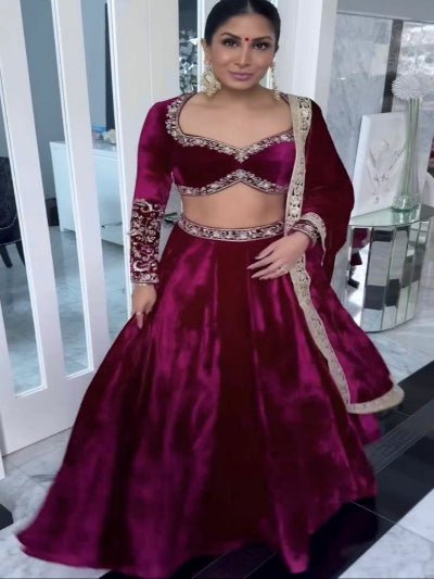 Burgandy Velvet Sequins Zari Work Lehenga Choli - BONYHUBSALWAR KAMEEZ