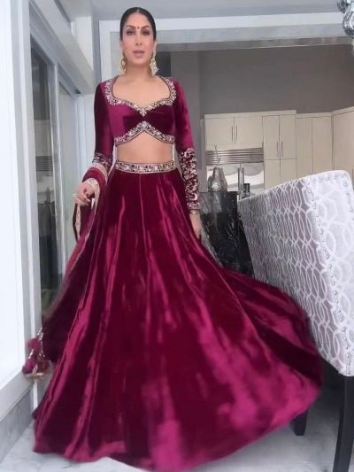 Burgandy Velvet Sequins Zari Work Lehenga Choli - BONYHUBSALWAR KAMEEZ