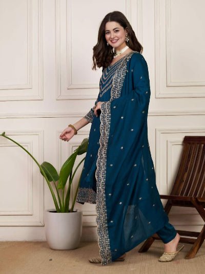 Teal Blue Chanderi Silk Elegant Embroidery Work Anarkali Suit - BONYHUBSALWAR KAMEEZ