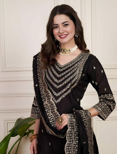 Black Chanderi Silk Elegant Embroidery Work Anarkali Suit - BONYHUBSALWAR KAMEEZ