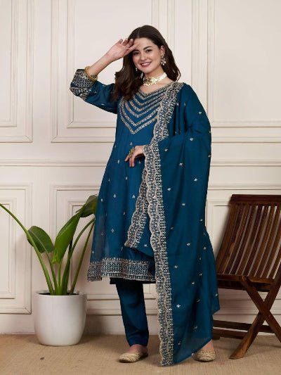 Teal Blue Chanderi Silk Elegant Embroidery Work Anarkali Suit - BONYHUBSALWAR KAMEEZ