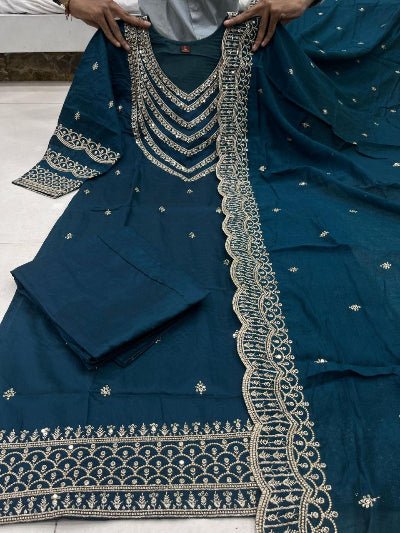 Teal Blue Chanderi Silk Elegant Embroidery Work Anarkali Suit - BONYHUBSALWAR KAMEEZ