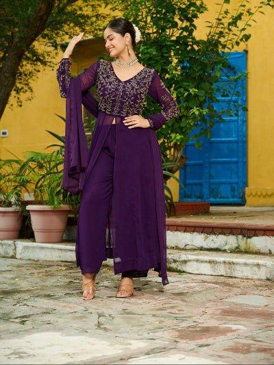 Purple Georgette Front Slit Embroidery Work Suit Set - BONYHUBSALWAR KAMEEZ