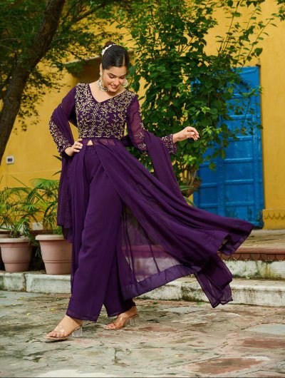 Purple Georgette Front Slit Embroidery Work Suit Set - BONYHUBSALWAR KAMEEZ