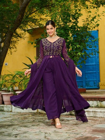 Purple Georgette Front Slit Embroidery Work Suit Set - BONYHUBSALWAR KAMEEZ
