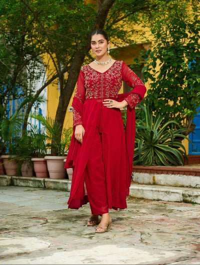 Red Georgette Front Slit Embroidery Work Suit Set - BONYHUBSALWAR KAMEEZ