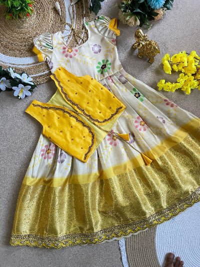 Kids Yellow Gold Pure Silk Gown With Koti - BONYHUBLehangas