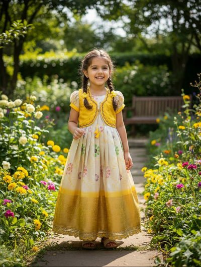 Kids Yellow Gold Pure Silk Gown With Koti - BONYHUBLehangas