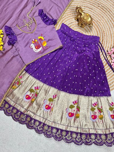 Kids Purple Chinon Tissue Silk Thread Work Lehenga Choli - BONYHUBLehangas