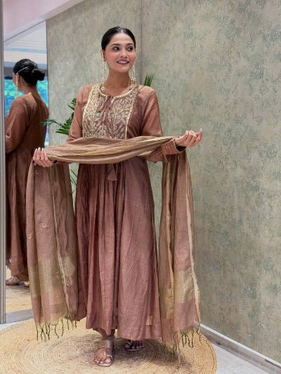 Dusty Copper Rose Chanderi Jacquard Anarkali Suit - BONYHUBSALWAR KAMEEZ